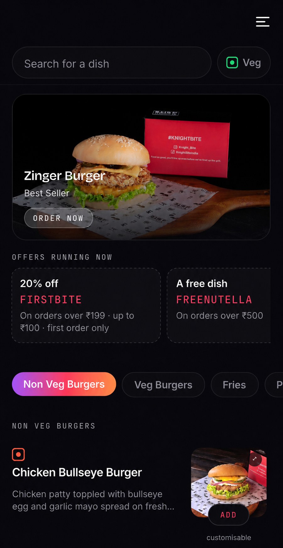 The Knight Bite app, showing the menu with a featured burger, running offers and a dish ready to add