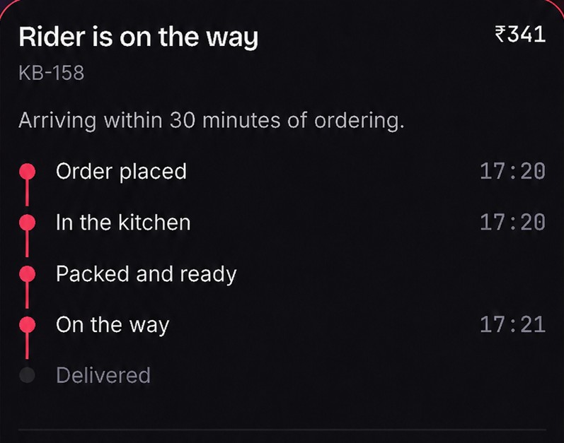 Live order tracking in the Knight Bite app: order placed, in the kitchen, packed and ready, on the way