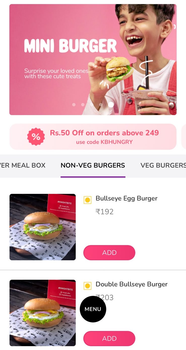 The Knight Bite app, showing the burger menu with prices and an add button